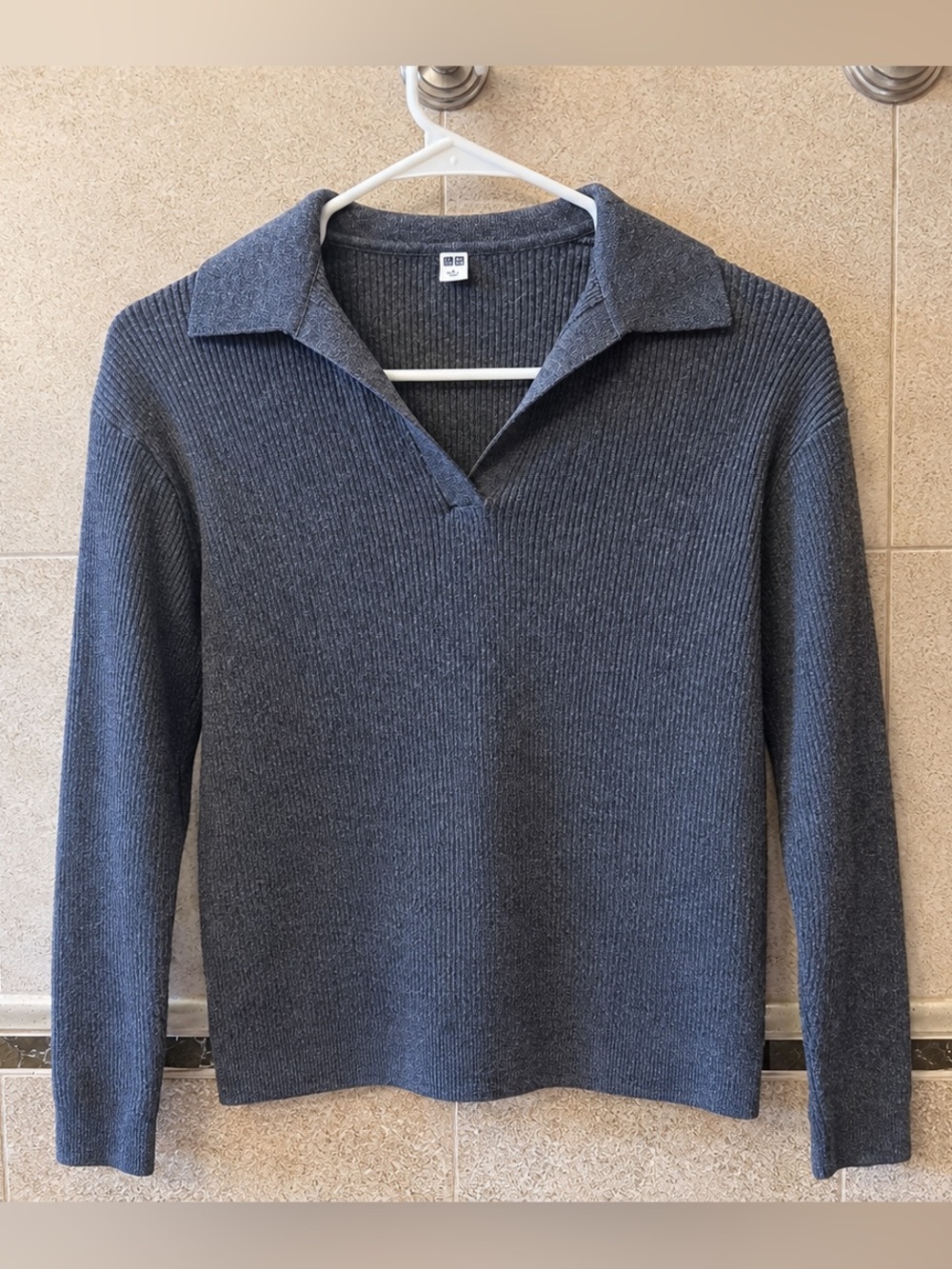Uniqlo Women’s Charcoal Ribbed V-Neck Polo Sweater